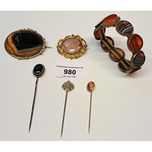 980 - Antique agate mounted bracelet, two brooches and three stick pins