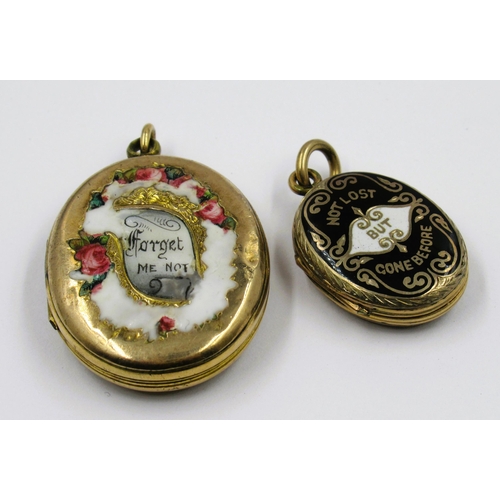 983 - Two antique gilt metal and enamel pendants inscribed ' Forget Me Not ' and ' Not Lost but Gone Befor... 