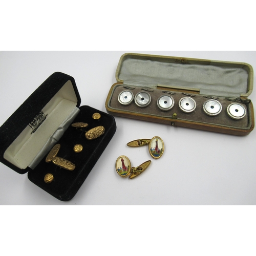 987 - Cased set of silver mother of pearl set buttons in case, pair of gold plated cufflinks of lighthouse... 