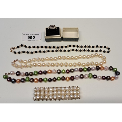 990 - Bag containing a small quantity of various pearl necklaces, a pearl bracelet and a ring