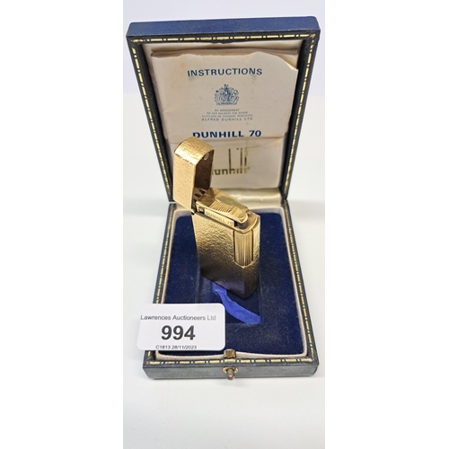 994 - Gold plated Dunhill lighter in original fitted case, with paperwork