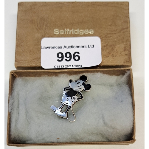 996 - Charles Horner, silver and black enamel Mickey Mouse brooch, in a Selfridges box