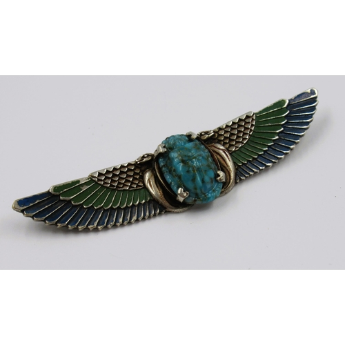 998 - Silver Egyptian winged bar brooch mounted with a scarab beetle, in box