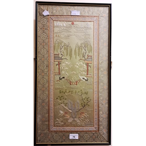 70 - Pair of Chinese rectangular silkwork panels, birds in landscapes, 66 x 36cm, framed