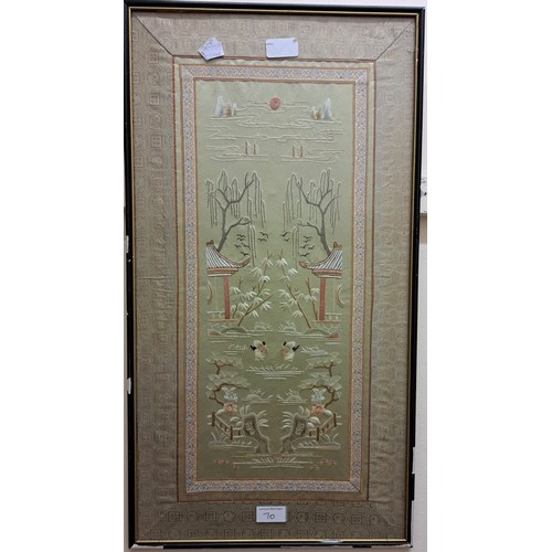 70 - Pair of Chinese rectangular silkwork panels, birds in landscapes, 66 x 36cm, framed