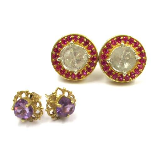 1046 - Pair of silver gilt circular stud earrings set with old flat cut diamonds and a halo of rubies, toge... 