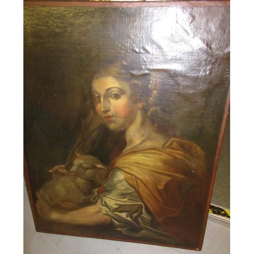 1291 - 18th/19th Century Continental oil on canvas of a classical female holding a staff and lamb, unframed... 