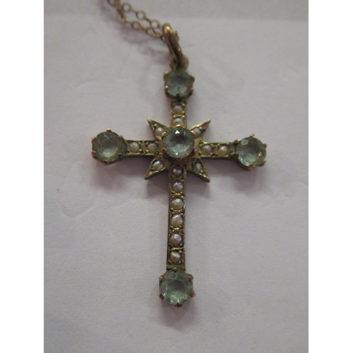 911 - 9ct Gold and blue zircon cross and chain and a rolled gold and cornelian cross and chain