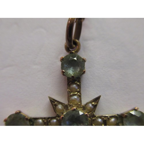 911 - 9ct Gold and blue zircon cross and chain and a rolled gold and cornelian cross and chain