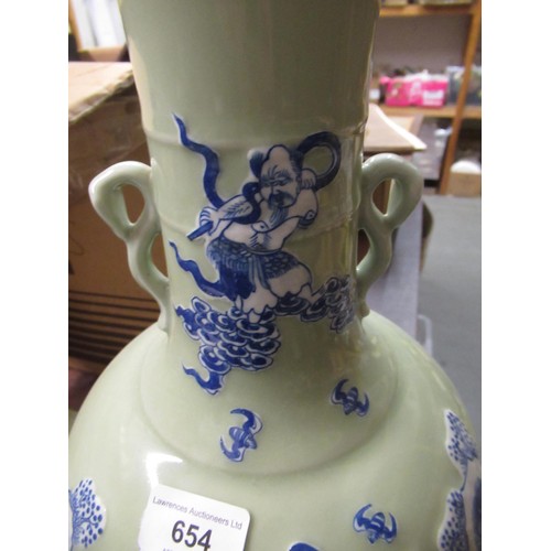 654 - Large Chinese baluster form two handled vase decorated in blue with figures on a green ground, 46cm ... 