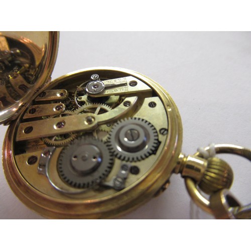 863 - 18ct Yellow gold fob watch with engraved case, together with a yellow metal Albert chain, 44g gross