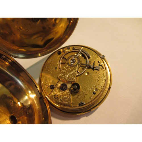 908 - 18ct Gold cased full hunter fob watch, the engine turned case enclosing an enamel dial with Roman nu... 