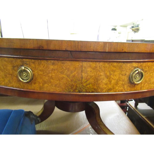 2046 - 19th Century mahogany and burr walnut circular drum table with leather inset top having gilt tooled ... 