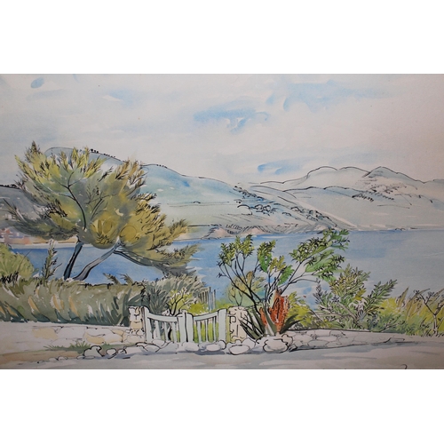 E.M. Pendred, ink and watercolour, view of Cap Martin, signed, inscribed and dated '67, 54 x 75cm, framed