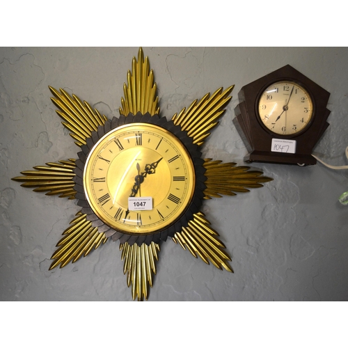 1047 - 20th Century sunburst wall clock and an Art Deco bakelite electric clock