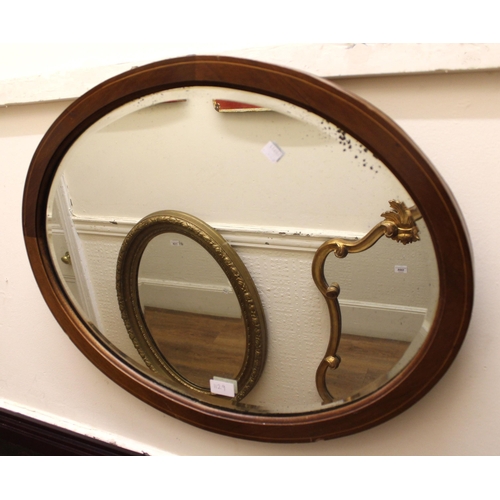Small stripped pine wall bracket, 73cm wide, two bedroom chairs and an oval mahogany and line inlaid wall mirror