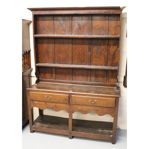 Small 19th Century oak plank top dresser with shelved back, having two short drawers with undertier, 190cm high x 136cm wide x 41cm deep