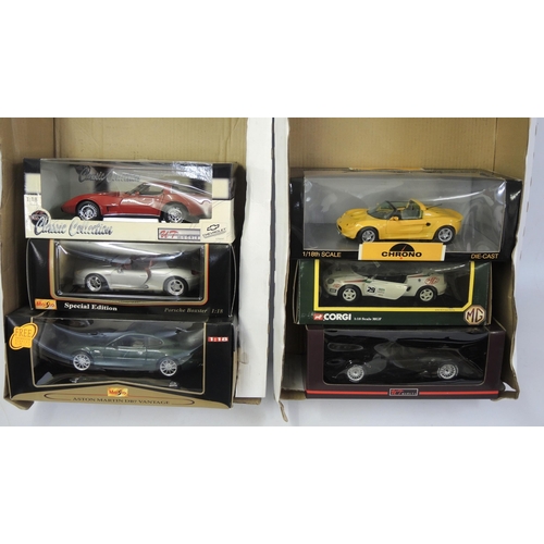 123 - Two boxes of 1/18th scale diecast model cars by Corgi, Maitsio Chrono etc.