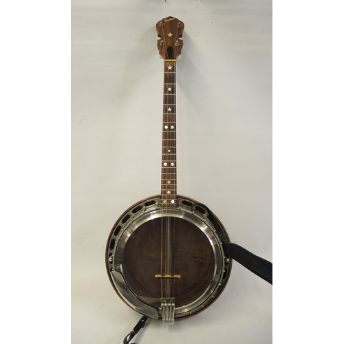 131 - Bohee four string banjo with inlaid walnut back and sides in a fitted case