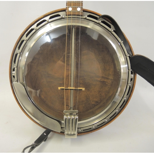 131 - Bohee four string banjo with inlaid walnut back and sides in a fitted case