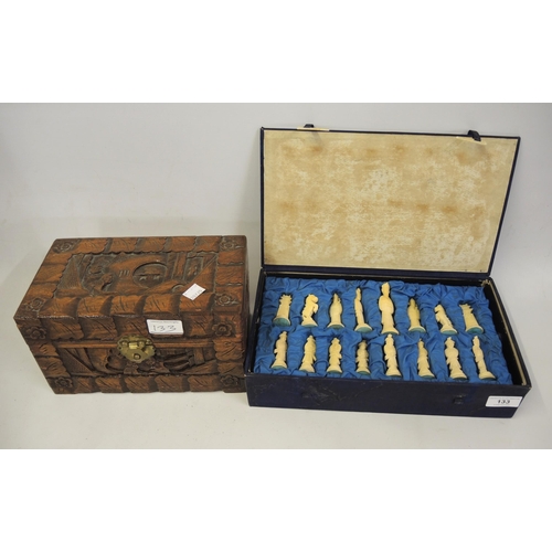 133 - Mid 20th Century Chinese carved bone chess set together with a small Chinese carved camphor wood box