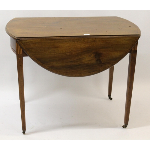 19th Century mahogany Pembroke table, with single end drawer, raised on tapering supports with brass casters, 95 x 58 x 74cm