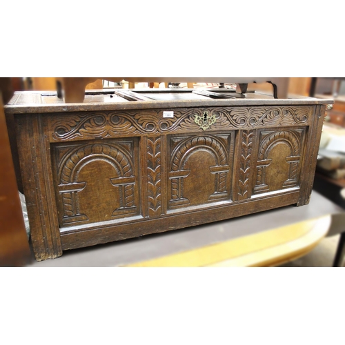 17th / 18th Century oak three panel coffer, with carved decoration (cut down), 136 x 58 x 54cm
