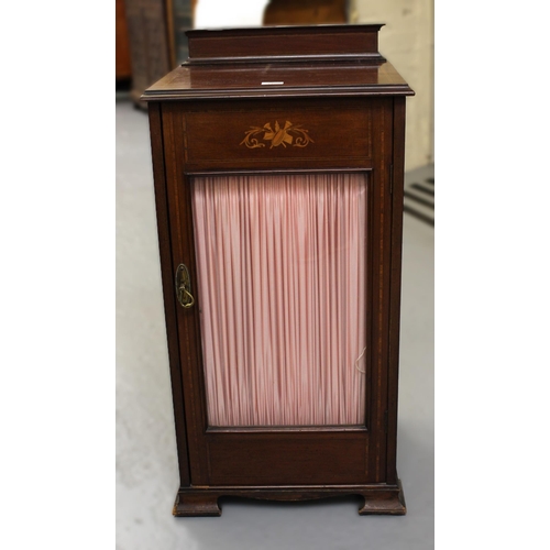 1425 - Edwardian mahogany and marquetry inlaid music cabinet with glazed and pleated silk door