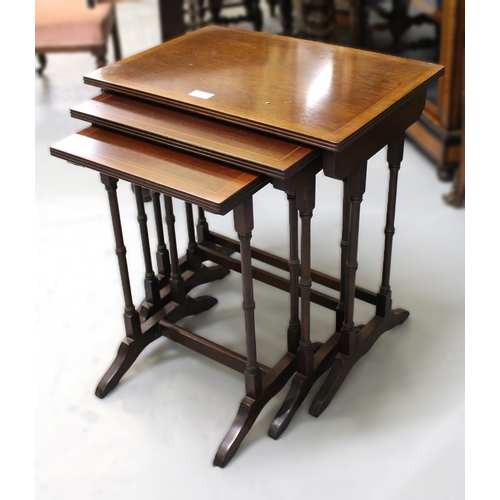 1431 - Edwardian mahogany and inlaid pedestal occasional table, similar reproduction wine table and a nest ... 