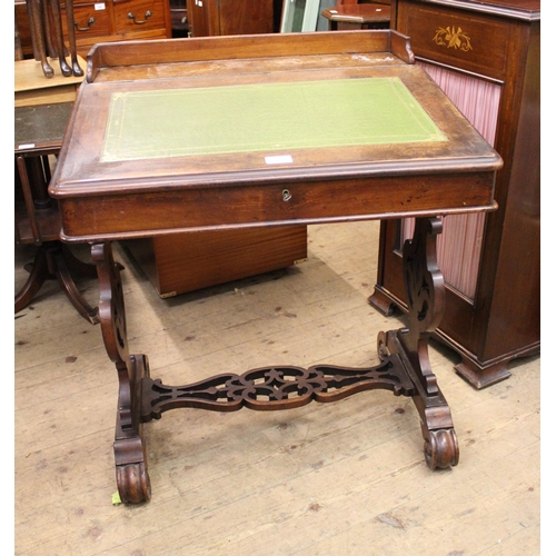 1433 - Victorian walnut Davenport on shaped and pierced supports with stretcher