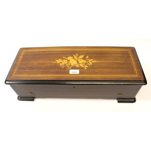 1441 - 19th Century Swiss rosewood and marquetry cased musical box, the hinged lid enclosing a lever wind m... 