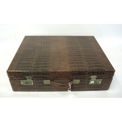 147 - Mid 20th Century ' Coracle ' alligator leather picnic case, the hinged lid enclosing a fitted interi... 