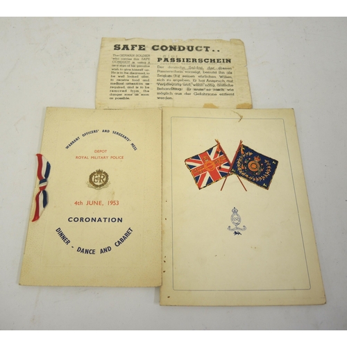 148 - German ' Safe Conduct in Wartime ' pass, together with a Royal Military Police Coronation commemorat... 