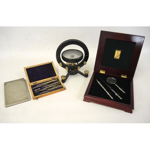 213 - Tangent galvonometer, small quantity of surveyors instruments and a writing set