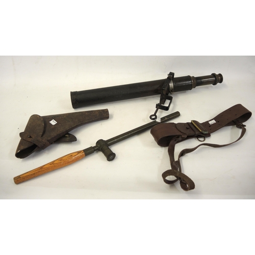 218 - World War I trench periscope with oak handle, leather holster with belt and a two section Ross, Lond... 