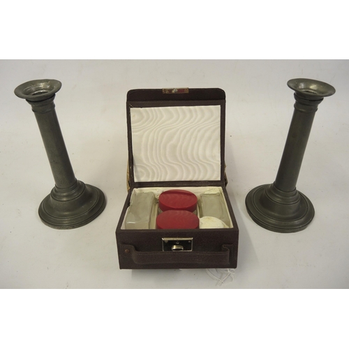 230 - Pair of antique pewter candlesticks, together with a small mid 20th Century vanity case