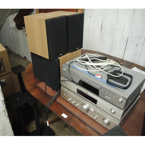 234 - Denon amplifier and tuner, Sony disc player and four Bowers and Wilkins speakers on metal stands