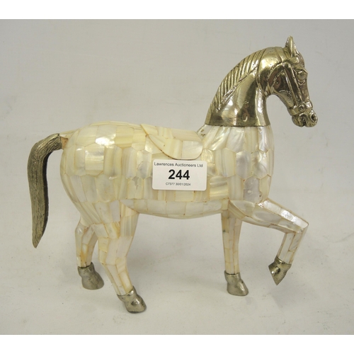 244 - Unusual mother of pearl shell and silver plate mounted figure of a horse