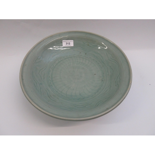 312 - Chinese Celadon circular deep dish with shallow incised decoration, 32cm diameter, with a hardwood s... 