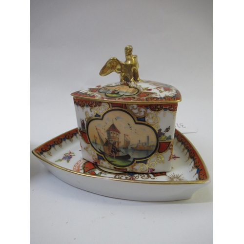 320 - Unusual Dresden triangular cabinet cup, saucer and cover with a winged gryphon finial painted with v... 