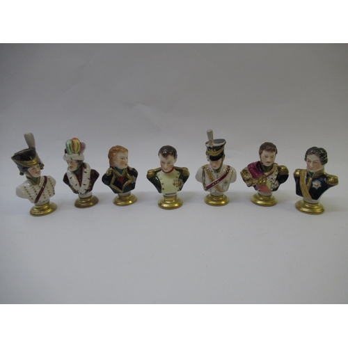 344 - Set of seven Rudolf Kammer porcelain busts of Napoleon and his generals, the tallest 11cm