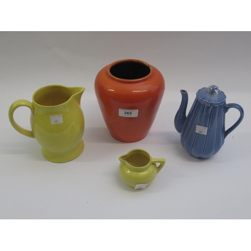 365 - Ashtead potters orange lustre vase, two yellow jugs and a blue glazed coffee pot