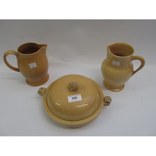 366 - Ashtead potters oatmeal muffin dish with cover together with two jugs