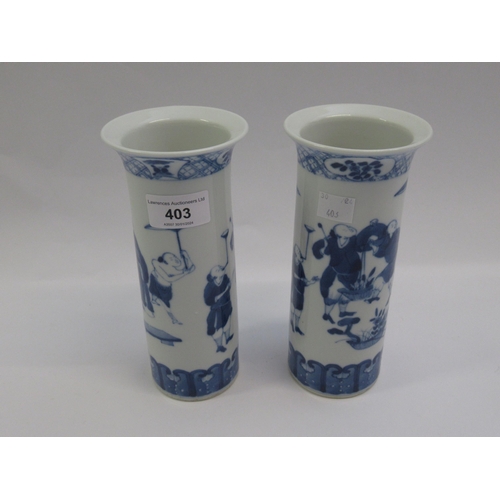 403 - Pair of Chinese porcelain cylindrical flared rim vases, blue and white decorated with figures, signe... 