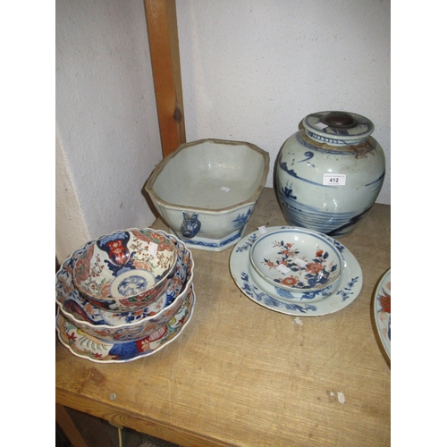 412 - Three various 19th Century Chinese Canton dessert dishes, blue and white ginger jar and cover, turee... 