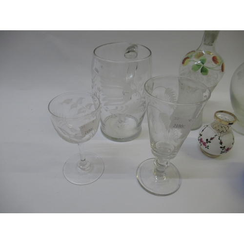 452 - Venetian lattice work glass bowl in blue and white, together with four antique glass items and three... 