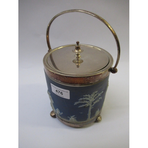 476 - Wedgwood type blue and white Jasperware buiscuit barrel with plated mounts