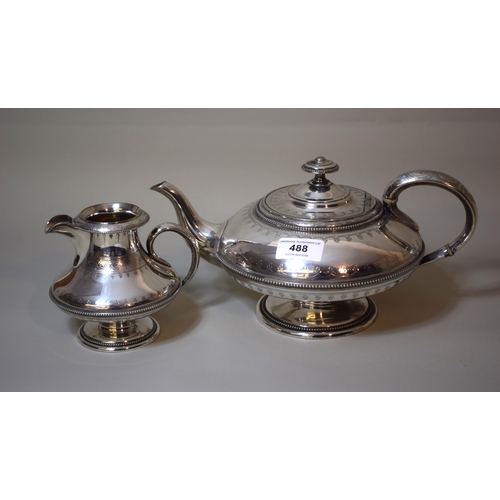 488 - Elkington & Company silver plated teapot and cream jug of squat baluster form