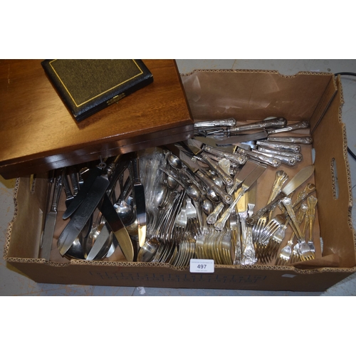 497 - Quantity of miscellaneous silver plated Kings pattern cutlery, cased set of six silver plated and mo... 