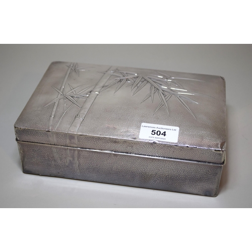 504 - Japanese silver covered hardwood lined casket, the cover decorated with bamboo, signed K. Uyeda, sta... 